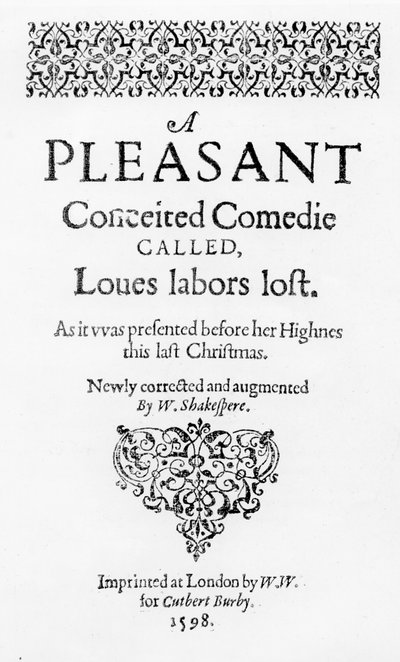 1598年、カスバート・バービーによってロンドンで印刷された「愛の労働者たちのロスト」、初版の表紙 作： English School